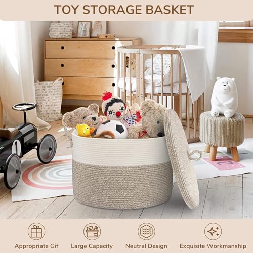 21" x 18" Extra Large storage baskets,Decorative blanket basket with lid for Living room,rope baskets with lid,wicker hamper for bedroom,Big,Round,White & Brown 115L - color: White & Brown
