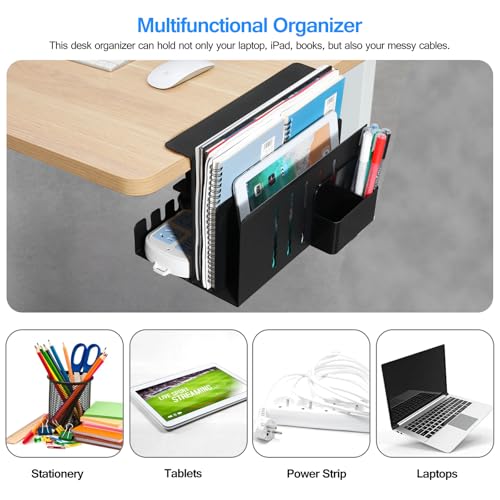 MAXECHO Desk Side Storage, Under Desk Laptop Mount, Table Side Hanging File Organizer, No Drill Clamp On Cable Management Tray, Laptop Holder with Magnetic Pen Holder for Office and Home, Load 22 Lbs - color: Black, size: Double-deck with Pen Holder & Cab
