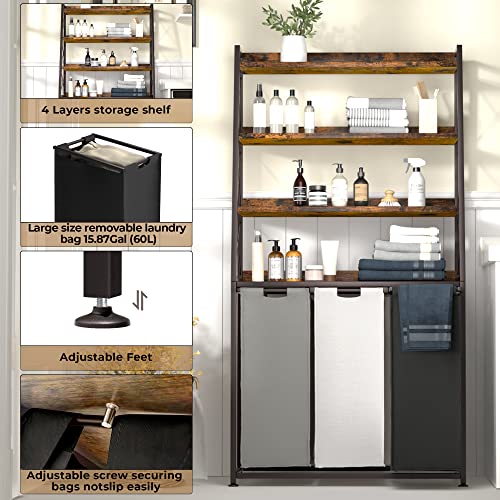 Herture Laundry Basket, 3 Section Laundry Hamper with 4 Tiers Shelf, Pull-Out and Removable Laundry Bags, Large 3 x 15.87 Gallons, for Laundry Room Bathroom Rustic Brown PF05XLN - color: Rustic Brown + 3-Color, size: 3 Bags-180 L