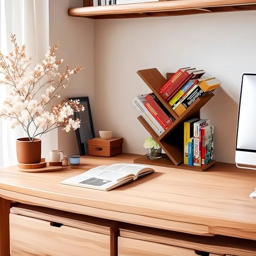 Godferyxin Tree Bookshelf,Small Bookshelf,3 Tier Wood Mini Book Shelf and Book Tree for Office, Home or School Desktop Book Shelf for for Displaying Books, CDs, Magazines Wood Storage Rack - color: 3-tier-teak Color