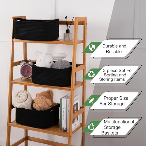 OIAHOMY Cotton Rope Woven Baskets for Storage, Nursery Rectangle Storage Basket with Handles for Shelves, Pack of 3, Black - color: Black