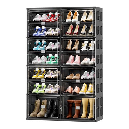 JEKO&JEKO 7 Tiers Foldable Boot Storage Shoe Rack Cabinet for Closet Entryway, Large Collapsible Shoe Organizer with Magnetic Doors (Black) - color: Double-row, size: 7 Tiers