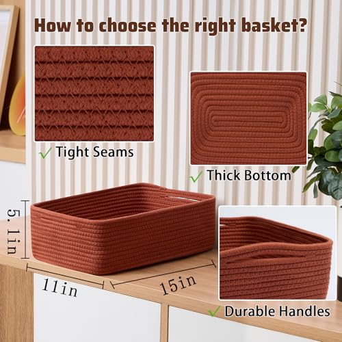 MiniArk Large Shallow Organizing Baskets 15x11x5.1 Inches - Rope Woven Storage Bins for Bathroom, Shelves, Cube Closet, Red 2 Packs - color: Oxide Red, size: 2pcs-L15×W11×H5.1"