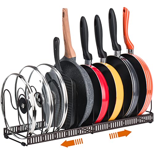Toplife Pots and Pans Organizer Rack for Cabinet and Countertop, 10+ Pot Lids, Bakeware and Cookware Organizer Rack Holder with 10 Adjustable Compartments - Brown - color: Brown, size: Pot & Pan Organizer
