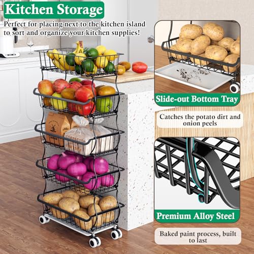 OKZEST 5 Tier Fruit Basket for Kitchen, Stackable Bins Wire Rack with Wheels, Fruit and Vegetable Storage Basket Pantry Food Snack Organizer Shelf, Kitchen Storage Cart for Onion and Potato, Produce - color: Black, size: 5-Tier Baskets