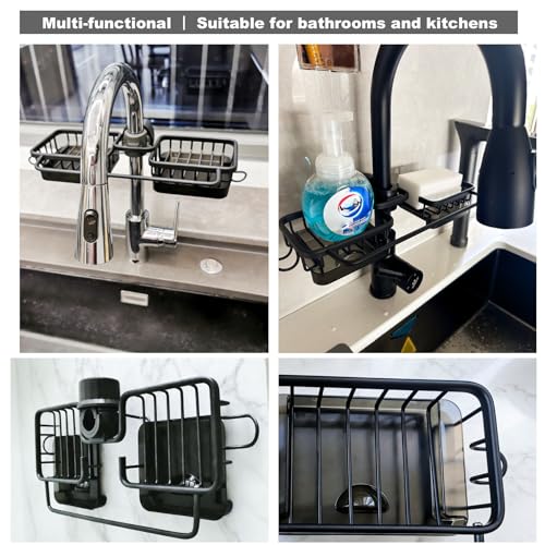 Sink Organizer Rack for Kitchen and Bathroom,Stainless Steel Detachable Hanging Faucet Drain Rack with Drip Tray Faucet Sponge Holder for Bathroom (Black, L&R as One) - size: L&R as One