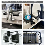 Sink Organizer Rack for Kitchen and Bathroom,Stainless Steel Detachable Hanging Faucet Drain Rack with Drip Tray Faucet Sponge Holder for Bathroom (Black, L&R as One) - size: L&R as One