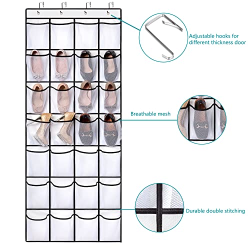 REGELETO 2 Pack 28 Pocket Over the Door Shoe Organizer, Hanging Shoe Rack for Door Large Capacity Shoe Organizer Holder with 4 Metal Hooks (White-2Pack) - color: white-2pack of 28