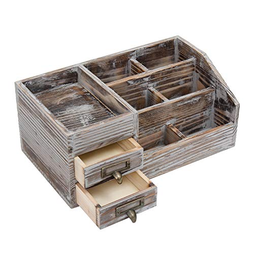 Liry Products Rustic Torched Wooden Desktop Organizer Dark Brown Tabletop Storage Cabinet Stepped Rack Multiple Compartments 2 Tier Drawers Makeup Accessory Sorter Display Box Home Office Supplies - color: Rustic Brown