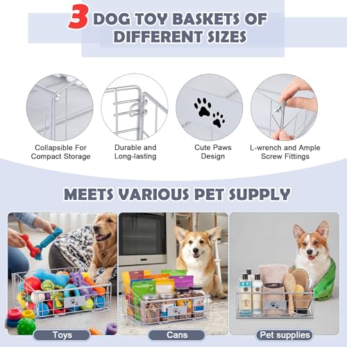 Mimorou 3 Pack Metal Dog Toy Baskets Multi-sized Foldable Dog Toy Bins Box Storage Container Organizer for Living Room Area Decorative Pet Accessories Coat Clothing Storage Holder Baskets(Silver) - color: Silver