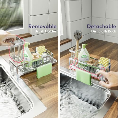SWTYMIKI Sponge Holder for Kitchen Sink - Sink Caddy with Brush Holder Self-draining Sponge Caddy Organizer with Divider Stainless Steel Kitchen Accessories Storage for Countertop, Silver - color: Silver