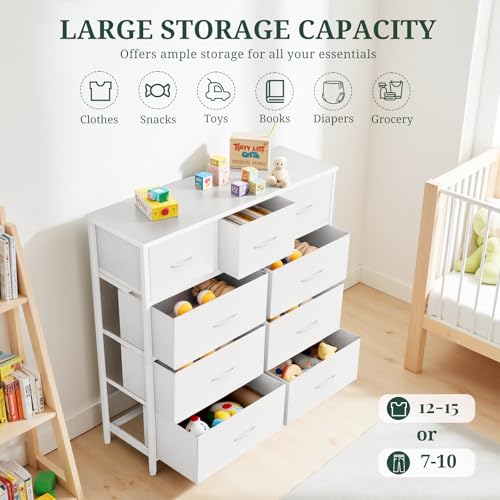 9-Drawer Dresser for Bedroom, Anti-Tip Tall Storage Organizer Chest of Drawers with Wooden Top and Metal Frame Fabric Bins for Closet, Living Room, Hallway, Entryway, White - color: White, size: 11.8"D x 39.4"W x 40"H (9 Drawers)