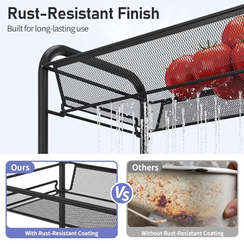 TOOLF 3-Tier Metal Rolling Cart, Mesh Wire Easy Assemble Utility Cart, Storage Trolley on Wheels with 3 Hooks, MetalStorage Shelving Units for Kitchen Bathroom Laundry Room - color: Black, size: 3-Tier