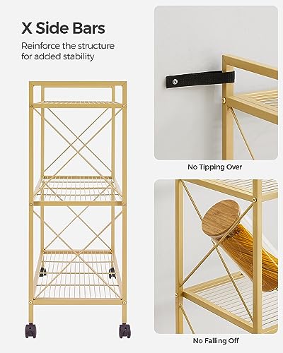 SONGMICS 3-Tier Metal Storage Rack with Wheels, Mesh Shelving Unit with X Side Frames, 31.5-Inch Width, for Entryway, Kitchen, Living Room, Bathroom, Industrial Style, Metallic Gold UBSC183A01 - color: Metallic Gold, size: 31.5"W