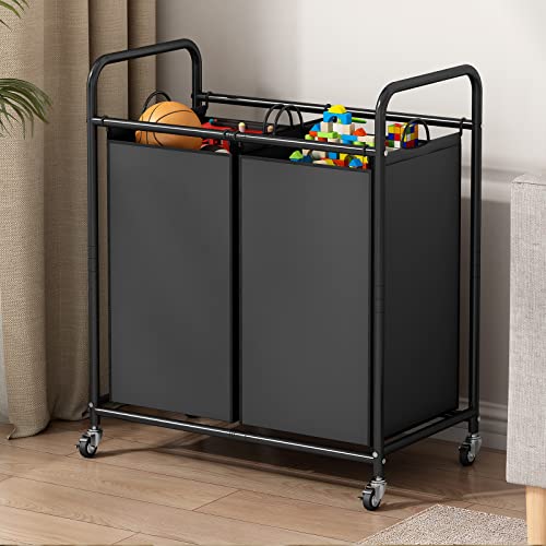 SUOERNUO Laundry Hamper Basket 2 Bag Laundry Sorter Cart with Rolling Lockable Wheels and Removable Bags Laundry Organizer Cart for Clothes Storage, Black - color: Black, size: 2 Bags