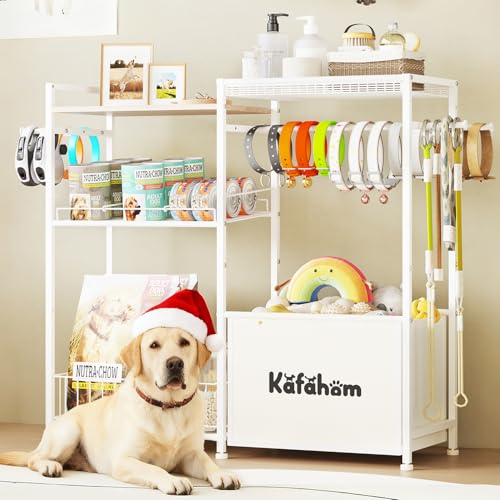 KAFAHOM Dog Toy Basket with Collar Leash Holder Hooks, Large Pet Bin, Dog Toy Box for Living Room Area, Cat Stuff Storage Organizer with Cabinet and Can Dispenser, Great Gifts for Pet Lovers - style: Collar Bar Shelf
