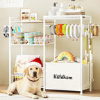 KAFAHOM Dog Toy Basket with Collar Leash Holder Hooks, Large Pet Bin, Dog Toy Box for Living Room Area, Cat Stuff Storage Organizer with Cabinet and Can Dispenser, Great Gifts for Pet Lovers - style: Collar Bar Shelf