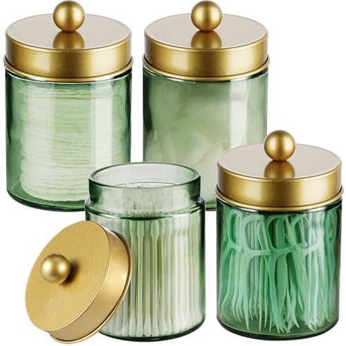 Amolliar Sage Green Apothecary Glass Jar With Metal Lid & Stickers, Bathroom Qtip Holder Storage Canister, Farmhouse Decor for Cotton Balls, Cotton Swabs, Round Pads, Bath Salt, Floss,Gold 4 Pack - color: Green-Gold Lid