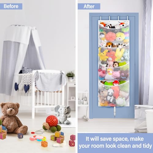 Woodoulogy Hanging Stuffed Animal Storage, Over Door Large Plush Toy Organizer with Metal Hook, Baby Accessory Holder Idea for Nursery, Doll & Bear Mesh Hammock Bag for Girl Boy Kid Room - color: White