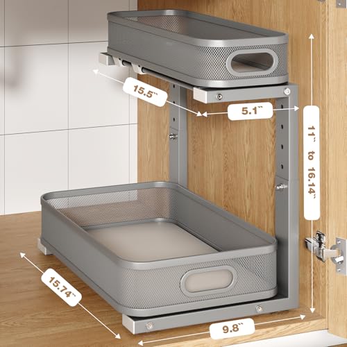 2 Pack 15.7IN-Depth Under Sink Organizer With Smooth Cylindrical Rail,2-Tier Pull Out Multi-Purpose Cabinet Storage for Bathroom&Kitchen,Height Adjustable,Rust-resistant Coating-Gun Gray - color: Gun Gray, size: 2 Pack-15.7"Dx11"-16.14"H