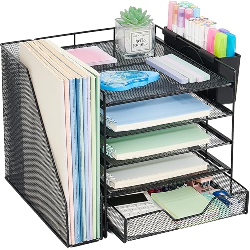 Desk Organizer, 5-Tier Paper Letter Tray Organizer with File Holder, Drawer and Pen Holder, Desktop Organizer for Office Supplies, Black - color: Black