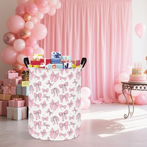Collapsible Fabric Storage Basket, Waterproof Laundry Hamper with Handles, Round Storage Bin for Clothes Toys, Foldable Organizer for Bedroom Nursery Bathroom(Round-Pink Bow) - color: Round-Pink Bow