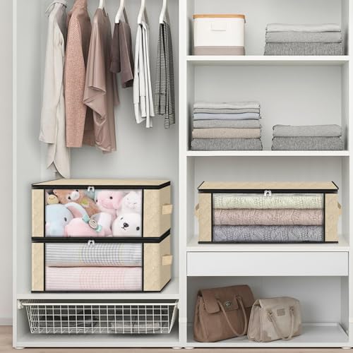 HomeHacks Storage 3-Pack Clothes Organizer Storage Bags Foldable Storage Box with Large Clear Window Sturdy Handles for Closet, Dorm, Pillows, Bedding, Clothes, Blankets, 35L, Beige - color: Beige