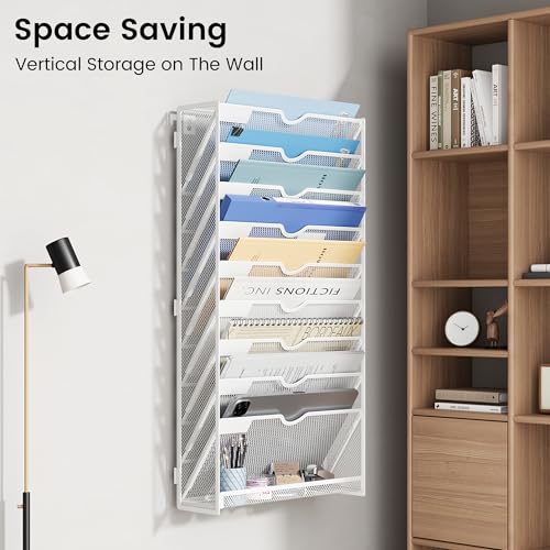 10-Tier Wall Mounted File Organizer, Metal Mesh Paper Holder (White) - color: White