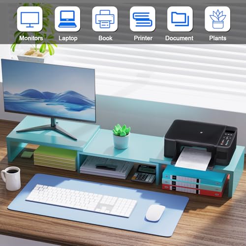 Dual Monitor Stand for Desk, Metal Computer Stand, Desk Shelf Riser,Desktop Organizer for Home and Office Use (Blue) - color: Blue