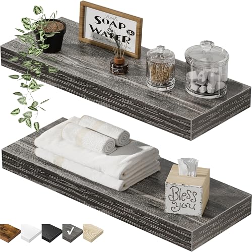 QEEIG Bathroom Floating Shelves for Wall - 15.7" Wall Mounted Shelf Over Toilet Farmhouse Home Decor Display Bookshelf Small 15.7 x 6.7 inch Set of 2, Grey (008-40GY) - color: D. Grey, size: 15.7"