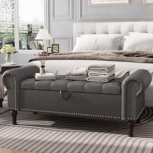 Apicizon 51” Bench with Storage, Upholstered Tufted Button Bedroom Bench with Storage, Faux Leather End of Bed Bench with Rolled Arms, Storage Ottoman Bench for Bedroom, Living Room, Entryway, Gray - color: A-grey, size: 51 Inches
