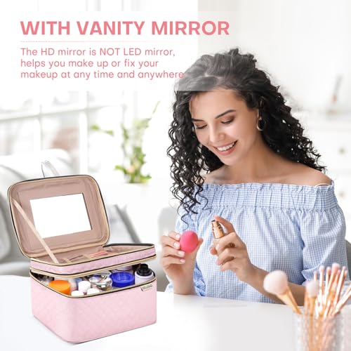 HXLGMD Large Makeup Bag with Mirror Double Layer Travel Make Up Organizer Case, Large Capacity Coemetic with Brush Slot Divider, Travel Toiletry Bag for Women (Pink) - color: Pink