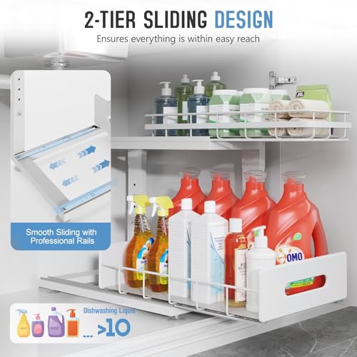 Under Sink Organizer Upgrade To Professional Rails,2-Tier Dual Pull Out Cabinet Storage,Height Adjustable Slide Out Drawers For Bathroom Kitchen,2 Pack-14.5"Dx12.8"-16.9"H,White - color: White, size: 2 Pack-14.5"Dx12.8"-16.9"H