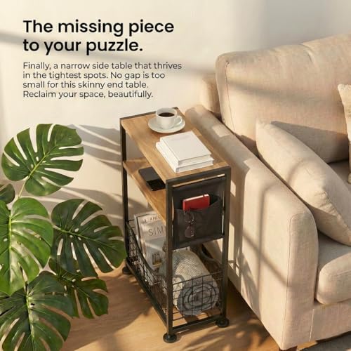 Skinny Side Table with Storage, 3 Tier Slim Side Tables for Small Spaces, Skinny End Table Narrow Bedside Table Narrow Side Table for Living Room, Bedroom - color: Oak
