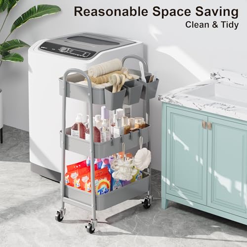 3 Tier Gray Metal Rolling Cart, Mesh Storage Cart with Handle and Lockable Wheels, Multifunctional Three Tiered Utility Organizer Carts for Kitchen, Office, Bathroom, Craft, Art, Snack, Baby Supplies - color: Calm Gray, size: 3 tier