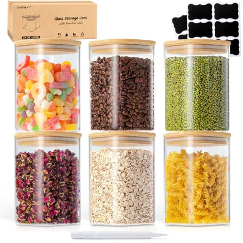 SENTVEND 37 Oz Glass Storage Jars with Bamboo Lids - 6 Pack Clear Glass Canisters Square Airtight Stackable Ideal for Pantry Storage Containers Organizers Great for Storing Oats Coffee Beans Nuts etc - color: 37 OZ-Clear