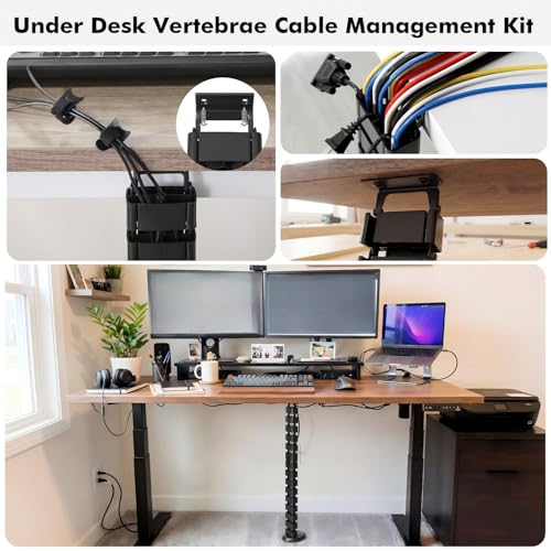 Yaomiao 4 Pack Under Desk Vertebrae Cable Management Kit Standing Desk 48'' Adjustable Quad Entry Flexible Cord Organizer with Ties, Stick-on Clips Cable Management Set for Home User Office Worker