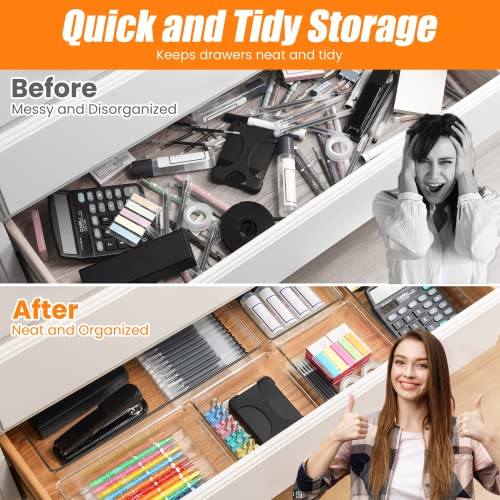 12 Pack Clear Plastic Drawer Organizer Set, Acrylic Non Slip Non Cracking Kitchen Drawer Storage Tray Large Size Divider, Multifunctional Storage for Cosmetics, Bathroom, Tools, Kitchen and Office - size: 12 PACK