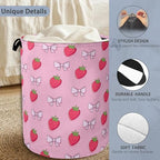 Cute Strawberry Laundry Basket,Bow Foldable with Handles Tote Bag Oxford Cloth for Bathroom Bedroom Dirty Clothes Storage Bucket 16" x 20.8" - color: Cute Strawberry Bow