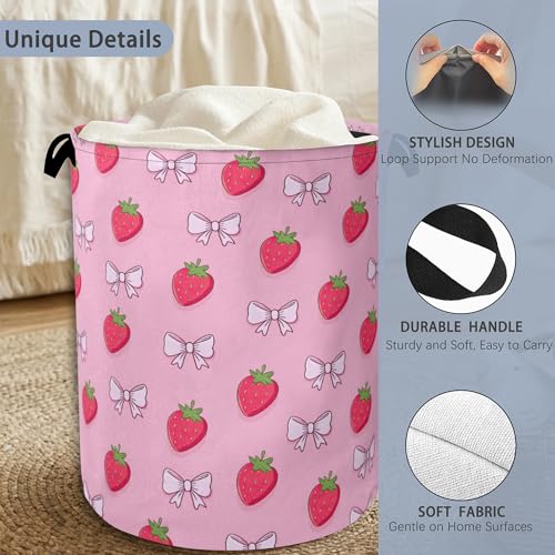 Cute Strawberry Laundry Basket,Bow Foldable with Handles Tote Bag Oxford Cloth for Bathroom Bedroom Dirty Clothes Storage Bucket 16" x 20.8" - color: Cute Strawberry Bow