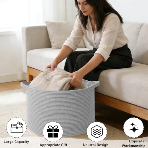 115L Extra Large Blanket Basket,Woven Rope Laundry Basket Hamper with Handles, Decorative Nursery Basket Storage Bin for Toys, Clothes Organizer, Living Room, Bedroom, Bathroom, Light Grey - color: Light Grey, size: 23.6"L x 23.6"W x 15.7"H(115L)