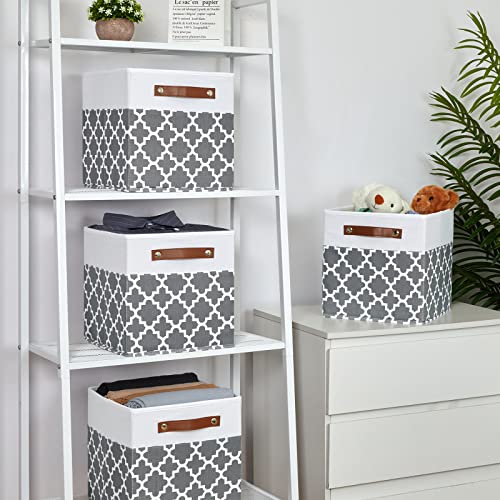 Temary 11x11x11 Cube Storage Bins Cube Organizer Bins 4 Pack Canvas Storage Bin for Home, Cube Storage Basket with Leather Handles(Grey Lattice) - color: Grey Lattice, size: 11×11×11