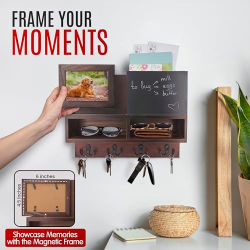 Spacelog Key and Mail Holder for Wall with Chalkboard – Magnetic Photo Frame Key Holder Wall Mount, Dark Walnut, Dual Storage & Cupboards Mail and Key Organizer for Wall - color: Dark Walnut Brown