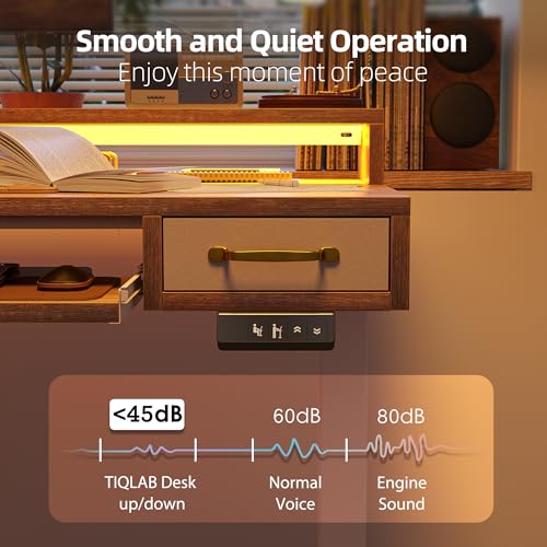 TIQLAB Standing Desk with Two Drawers, Stand Up Standing Desk Adjustable Height, Electric Sit Stand Table with Storage Shelf and Splice Board, with LED Light, 55 * 28 inch, Maple - color: Maple, size: 55*28 inch with keyboard tray
