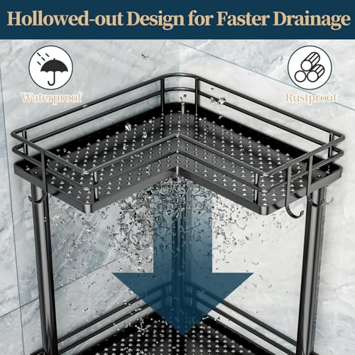 Consumest Corner Shower Caddy Standing - 3-Tier Stainless Steel Shower Organizer with Soap Holder and 4 Hooks, Large Capacity Corner Shelf Stand for Bathroom, Rest Room, Black - color: Black, size: 3 Tier