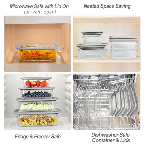 Glass Food Containers with Glass Lid, Microwave Safe Food Storage Container Set, 4 Pack, Airtight Storage Set with Leak Proof Lids, Meal Prep Containers - color: Grey-J4R
