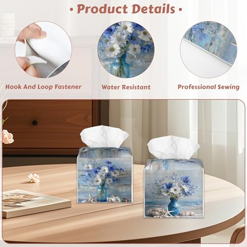 Tissue Holder - Blue White Flowers Tissue Box Cover,Beach Starfish Seashell Leather Tissue Box Cover Square, Paper Facial Decorative Tissues Cover for Bathroom Home Car Nightstand Vanity Desk, 2 Pcs - color: Blue White Flowers Beach Starfish Seashell