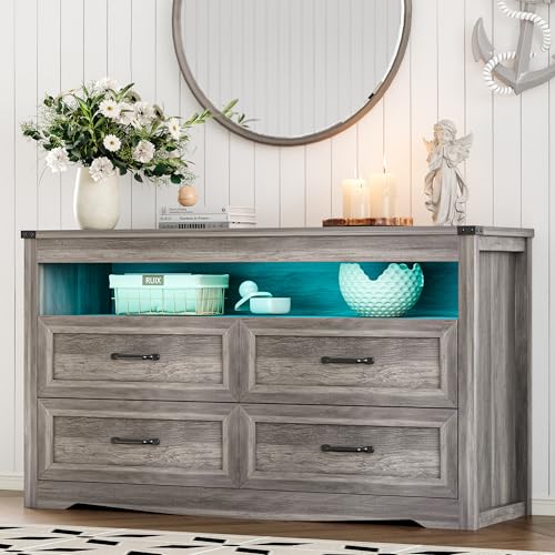 Dresser for Bedroom with 4 Drawers, Farmhouse Chest of Drawers with Natural Texture and LED Lights, Wide Wood Rustic Closet Storage Organizer, Modern Dresser TV Stand for Living Room, Entryway, Grey - color: Grey, size: 13.8"D x 47.2"W x 29.5"H (4 Drawers