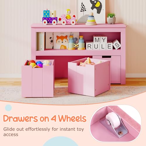 GLACER Toy Storage Organizer, Wooden Montessori Shelf with 3 Movable Drawers, Hidden Wheels, Toy Box for Boys and Girls, Kids Storage Organizer for Playroom, Nursery, Kindergarten, Living Room (Pink) - color: Pink