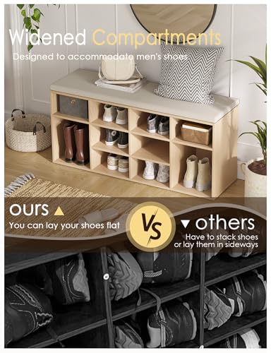DINZI LVJ Shoe Storage Bench with Cushion, 12-Cubby Shoe Rack, Adjustable Shelves, 40.9" Long Shoe Organizer Bench for Entryway, Mudroom, Hallway, Garage, Natural and Cappuccino Beige - color: Natural, size: 12 Cubby